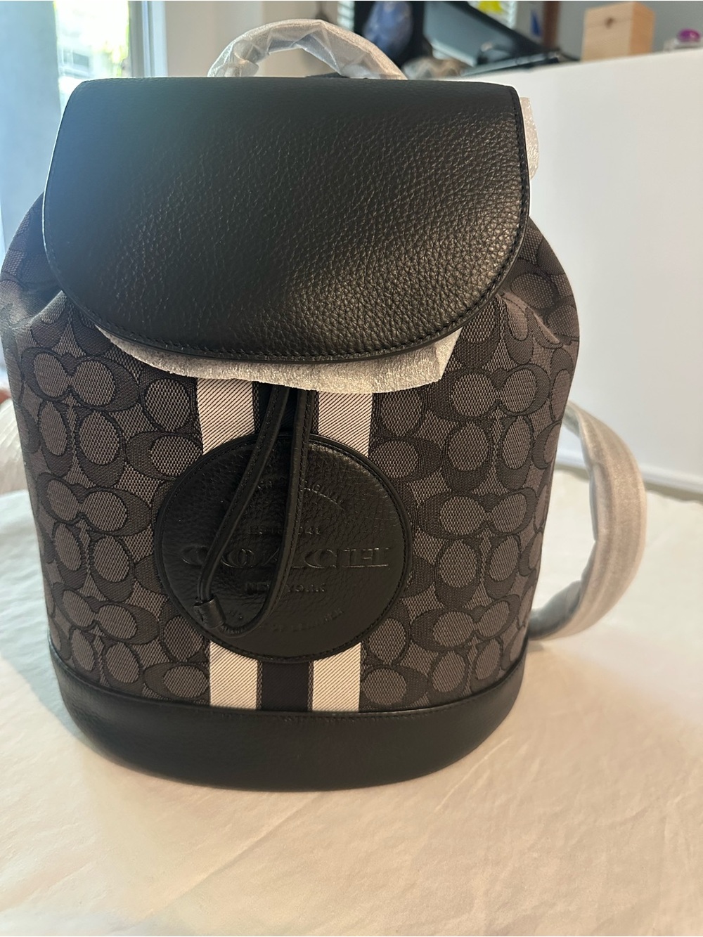 Coach Gray and Black Signature Stripe Mini Backpack